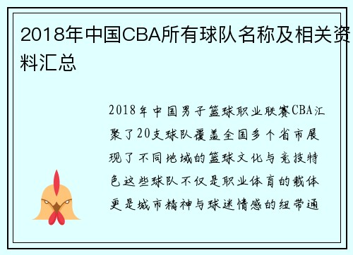 2018年中国CBA所有球队名称及相关资料汇总