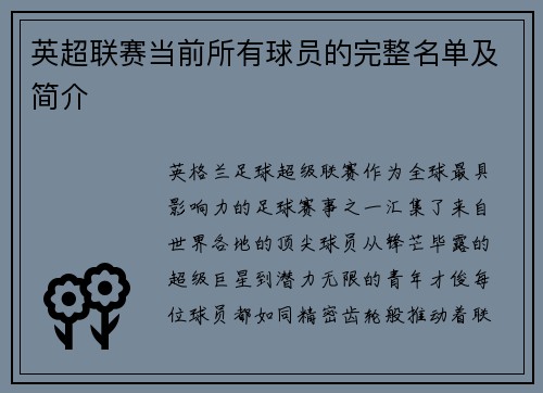 英超联赛当前所有球员的完整名单及简介
